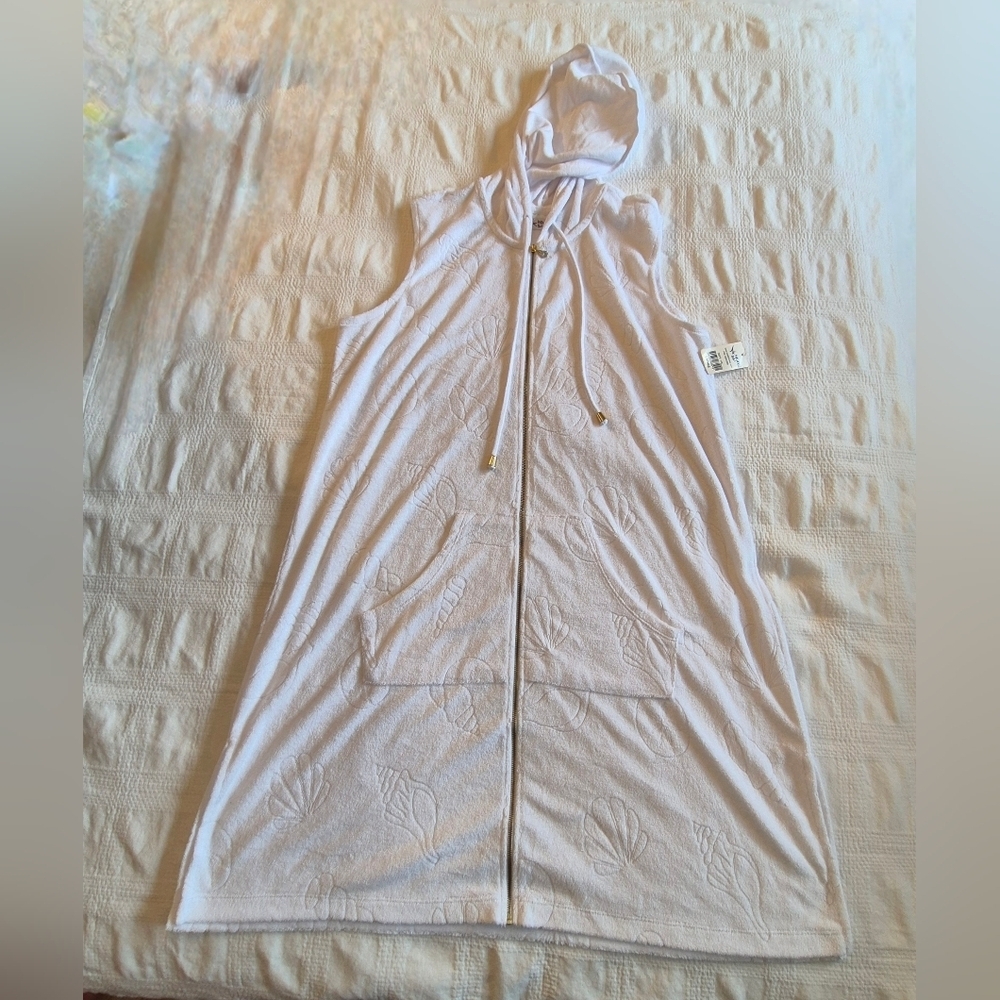 Paradise Bay women's Large white hooded swim cover up full zip NWT
